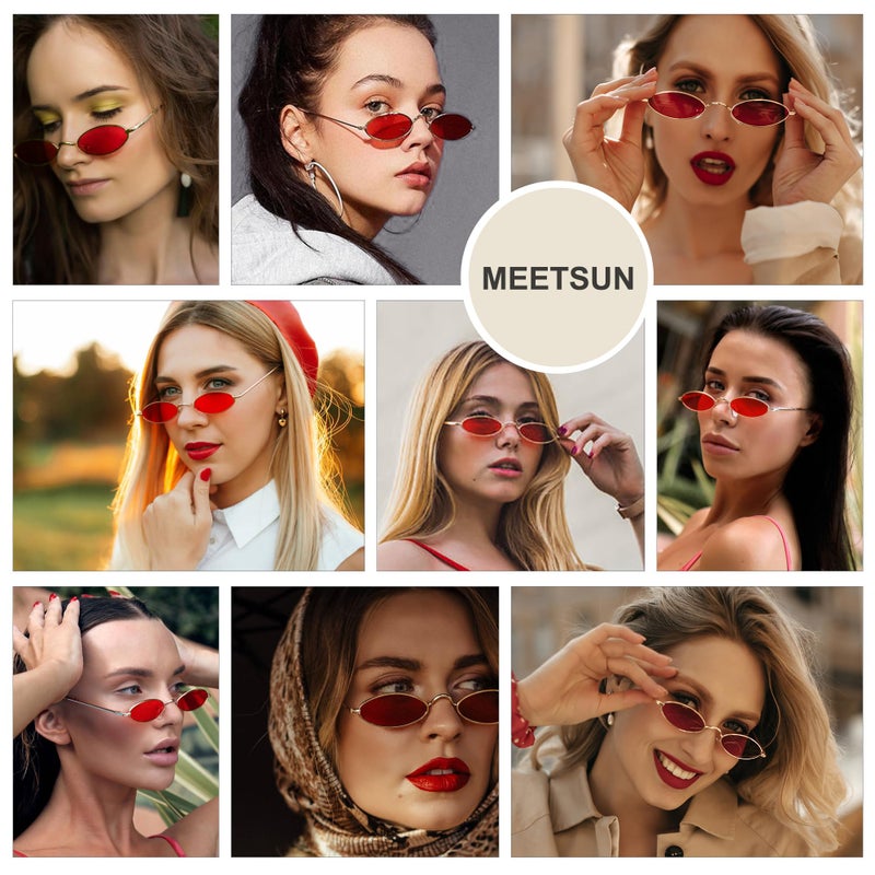 MEETSUN Vintage 90s Small Oval Sunglasses For Women Men Metal Frames Designer Gothic Glasses (C40-Gold-Red) - Image 3
